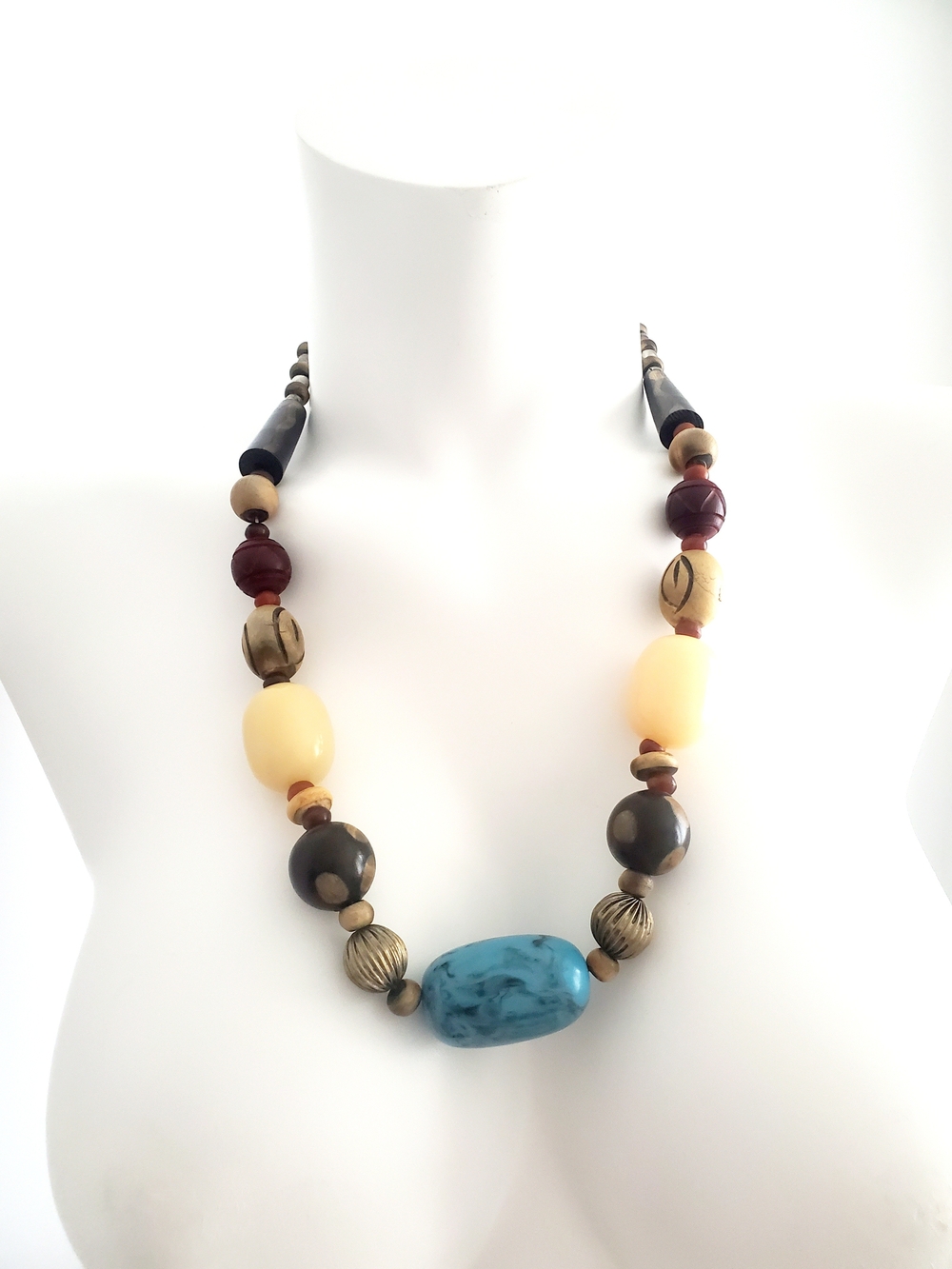 Handcrafted Multicolor Bead Statement Necklace - Turquoise & Cream